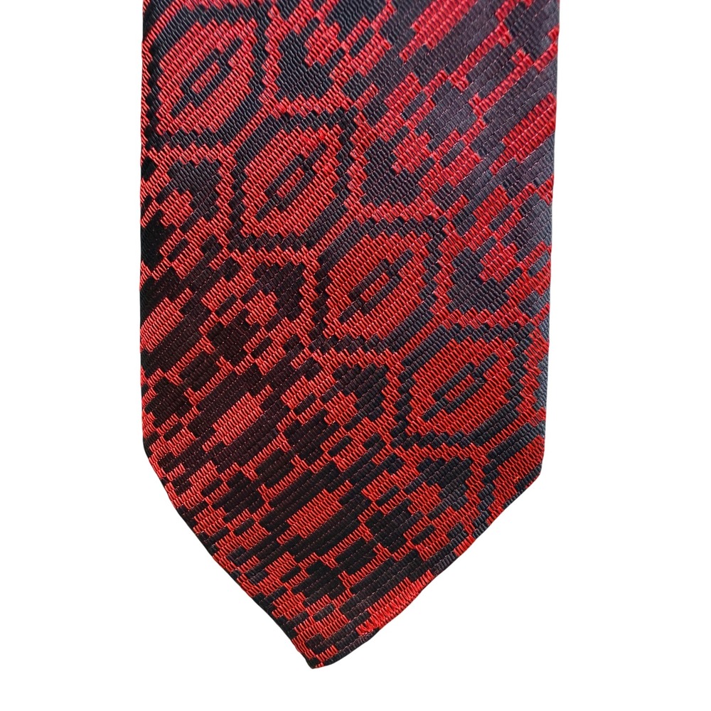 VTG 70s Geometric Jacquard Necktie‎ Red Navy Blue Retro Wide Blade 4" Classic